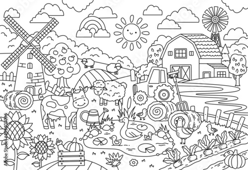 Happy Farm big coloring page. Linear poster with mill  cow  sheep  barn and harvest. Design element for coloring. Stress relief for children and adults. Cartoon modern flat vector illustration