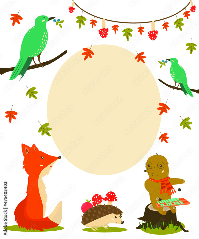 Autumn Forest Friends Kids IIlustration. Template for greeting card and invitations
