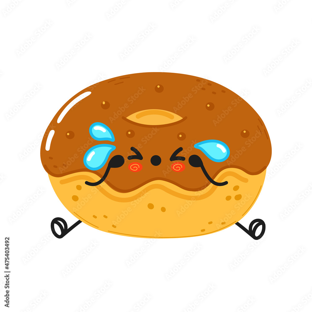 Cute sad and crying chocolate Donut character. Vector hand drawn cartoon kawaii character illustration icon. Isolated on white background. Chocolate Donut character concept Cute sad and crying chocolate Donut character. Vector hand drawn cartoon kawaii character illustration icon. Isolated on white background. Chocolate Donut character concept
