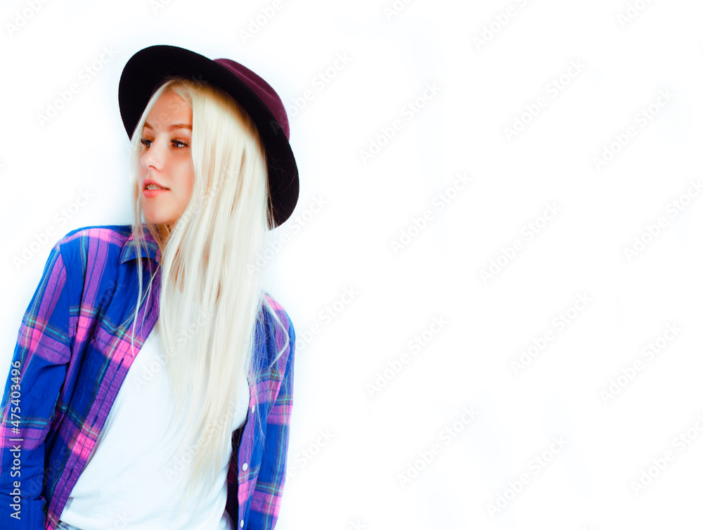 young pretty stylish blond hipster girl in hat posing emotional isolated on white background, lifestyle people concept young pretty stylish blond hipster girl in hat posing emotional isolated on white background, lifestyle people concept