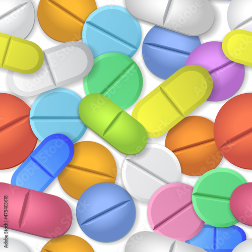 Pills and capsules Seamless pattern . Medicine or dietary supplements. Different colors  shapes Vector