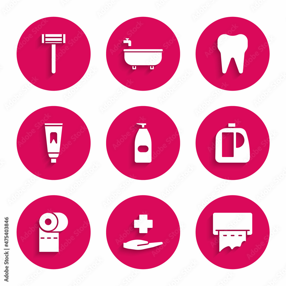 Set Bottle of liquid antibacterial soap, Cross hospital medical, Paper towel dispenser on wall, Bottles for cleaning agent, Toilet paper roll, Tube toothpaste, Tooth and Shaving razor icon. Vector Set Bottle of liquid antibacterial soap, Cross hospital medical, Paper towel dispenser on wall, Bottles for cleaning agent, Toilet paper roll, Tube toothpaste, Tooth and Shaving razor icon. Vector