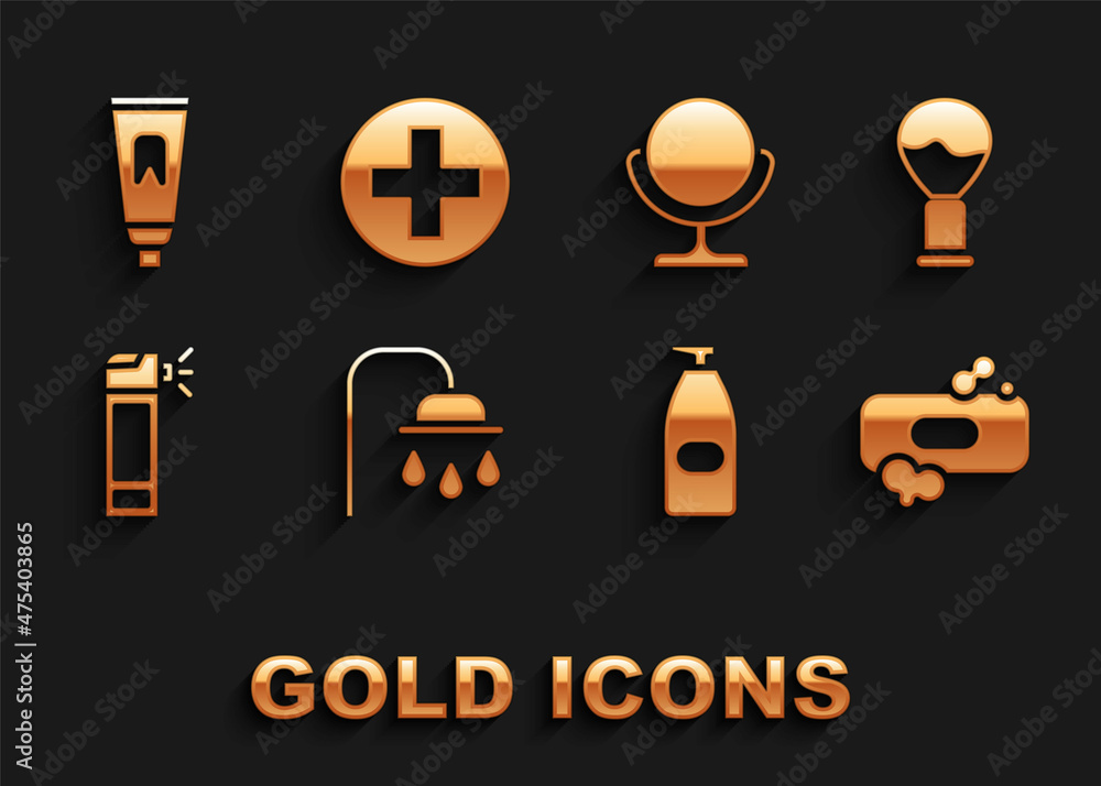 Set Shower head, Shaving brush, Bar of soap, Bottle liquid antibacterial, with nozzle spray, Round makeup mirror, Tube toothpaste and Cross hospital medical icon. Vector Set Shower head, Shaving brush, Bar of soap, Bottle liquid antibacterial, with nozzle spray, Round makeup mirror, Tube toothpaste and Cross hospital medical icon. Vector