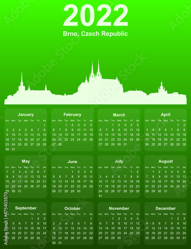 Green stylish 2022 year calendar with cityscape panorama of the city of Brno, Czech Republic