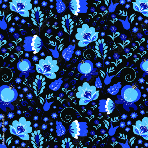 Seamless pattern with blue russian folk flowers. Summer colorful pattern design for fabric, textile, scrapbooking, wallpaper, wrapping paper and other surface pattern design.