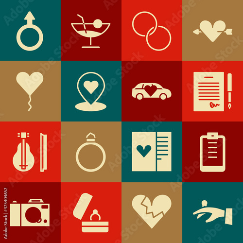 Set Wedding rings on hand, Clipboard with checklist, Marriage contract, Location heart, Balloon form of, Male gender symbol and Limousine car icon. Vector