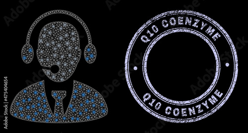 Illuminated polygonal mesh net secretary icon with glow effect on a black background, and round Q10 Coenzyme dirty stamp seal. Vector frame is based on secretary icon, white colored mesh net used.