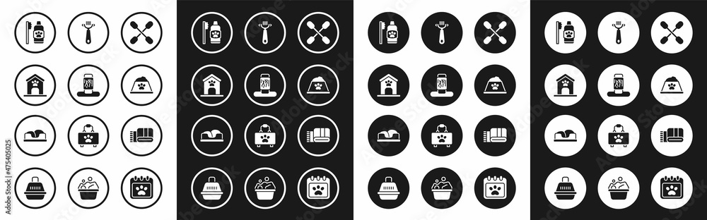 Set Cotton swab for ears, Cat scratching post, Dog house and paw print, Dental hygiene pets, Pet food bowl, Hair brush dog cat, Towel stack and bed icon. Vector Set Cotton swab for ears, Cat scratching post, Dog house and paw print, Dental hygiene pets, Pet food bowl, Hair brush dog cat, Towel stack and bed icon. Vector