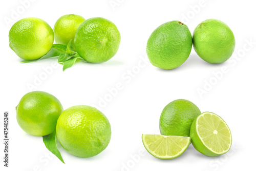 Collage of limes on a isolated white background