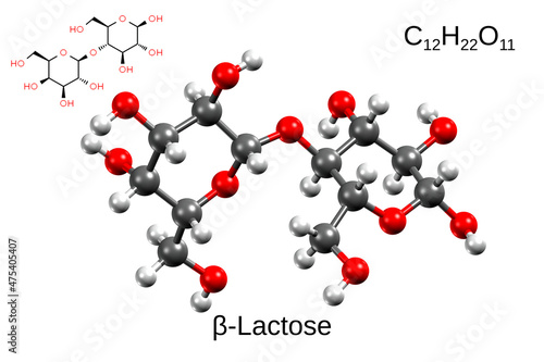 Valokuva Chemical formula, structural formula and 3D ball-and-stick model of beta-lactose