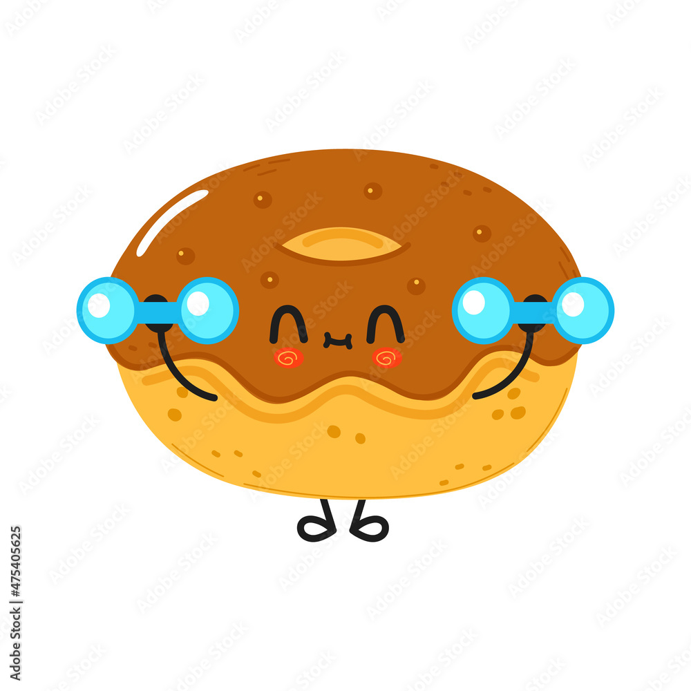 Cute funny chocolate donut character with dumbbells. Vector hand drawn cartoon kawaii character illustration icon. Isolated on white background. Chocolate donut character gym concept Cute funny chocolate donut character with dumbbells. Vector hand drawn cartoon kawaii character illustration icon. Isolated on white background. Chocolate donut character gym concept