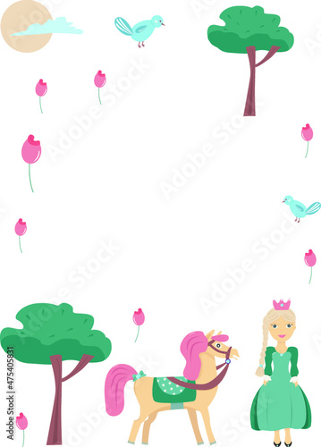 Vector princess calendar, poster or greeting card template. Vector illustration of fairy tail, horse, trees, birds, castle and princess