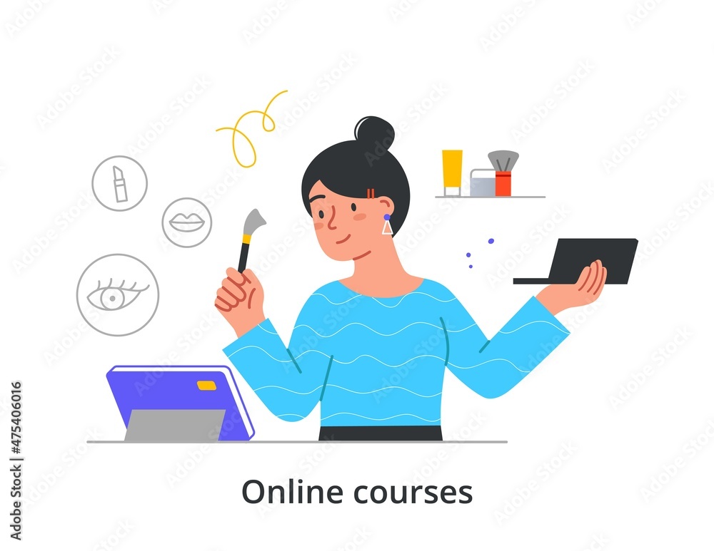 Online education and e learning concept. Woman watching online makeup course. Female character learning to be professional makeup artist. Webinar or video lesson. Cartoon flat vector illustration Online education and e learning concept. Woman watching online makeup course. Female character learning to be professional makeup artist. Webinar or video lesson. Cartoon flat vector illustration