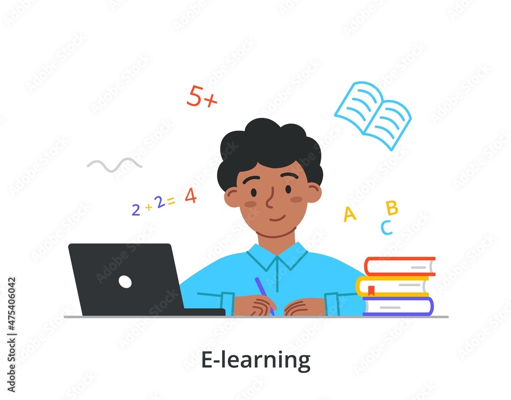 Online education and e learning concept. Little boy sitting at his laptop and solving math examples. Student at remote lesson. Child listens to webinar. Cartoon modern flat vector illustration Online education and e learning concept. Little boy sitting at his laptop and solving math examples. Student at remote lesson. Child listens to webinar. Cartoon modern flat vector illustration