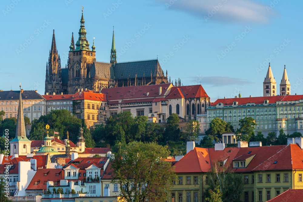Prague, Czech Republic. St. Vitus Cathedral above roofs of city.