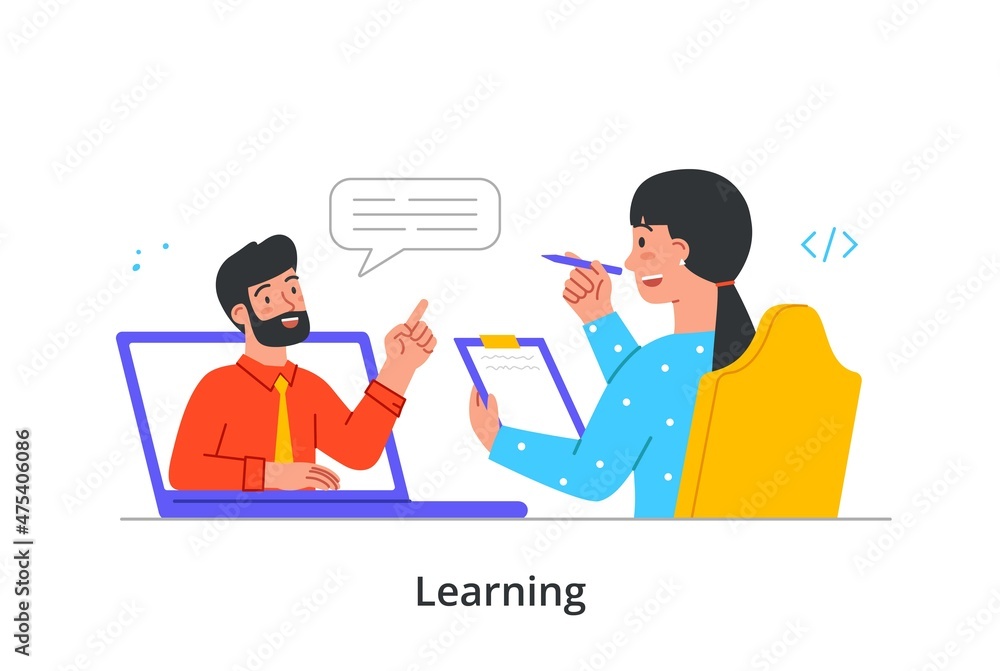 Online education and e learning concept. Woman takes online course and listens to teacher. Female character records important knowledge. Remote training or webinar. Cartoon flat vector illustration Online education and e learning concept. Woman takes online course and listens to teacher. Female character records important knowledge. Remote training or webinar. Cartoon flat vector illustration