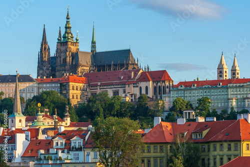 Prague, Czech Republic. St. Vitus Cathedral above roofs of city.