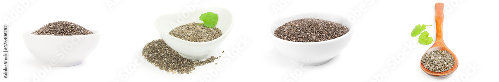 Set of superfood chia seeds on white