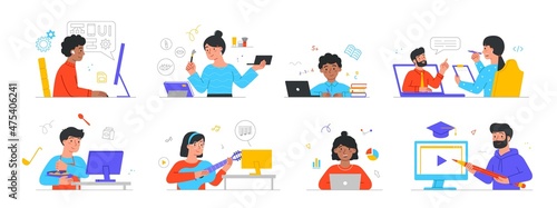 Online education and e learning. Set of men and women studying at online courses. Characters learn makeup, guitar playing, dessert making, marketing. Cartoon flat vector collection on white background