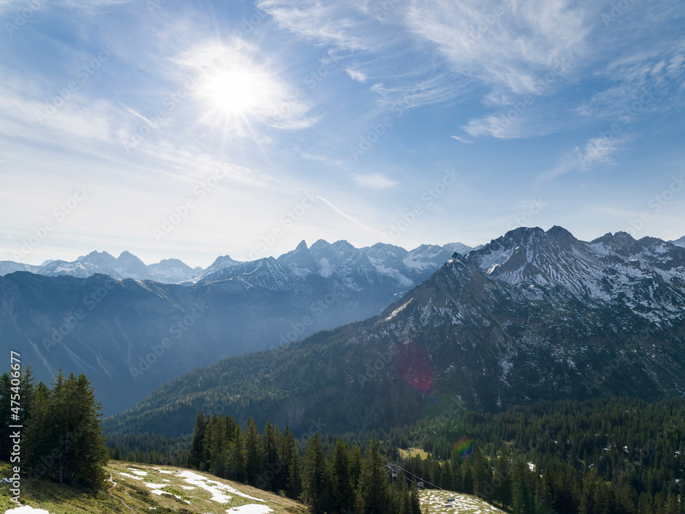 View towards mount Trettachspitze and mount Madelegabel. Mount Fellhorn in the Allgau Alps. Germany, Bavaria