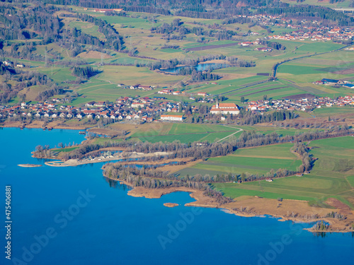 River mouth of river Loisach into lake Kochelsee near Schlehdorf. View from Mt. Jochberg near lake Walchensee towards lake Kochelsee and the foothills of the Bavarian Alps. Germany, Bavaria photo