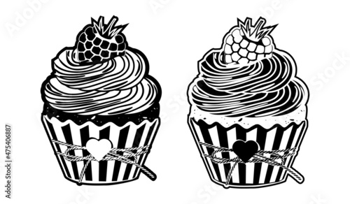 Black and white raspberry muffin set in two designs. Delicious dessert decorated with berry and fondant.Cupcake in a package with a bow and a heart. Food icon in graphic style.Vector illustration.
