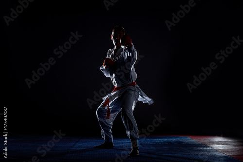 Male karate fighter in white kimono training