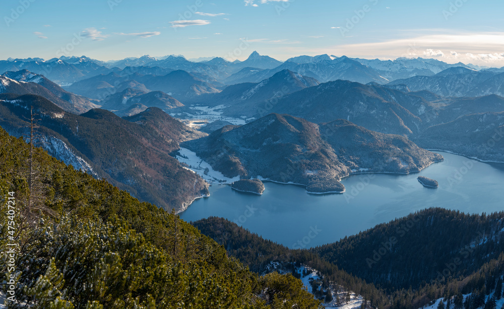 View towards lake Walchensee and Karwendel mountain range. View from Mt. Herzogstand near lake Walchensee. Germany, Bavaria View towards lake Walchensee and Karwendel mountain range. View from Mt. Herzogstand near lake Walchensee. Germany, Bavaria