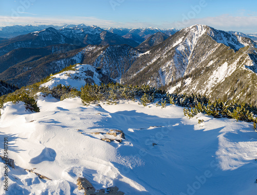 View towards Wetterstein Mountains, Ammergau Alps and Algau Alps. View from Mt. Herzogstand near lake Walchensee. Germany, Bavaria
