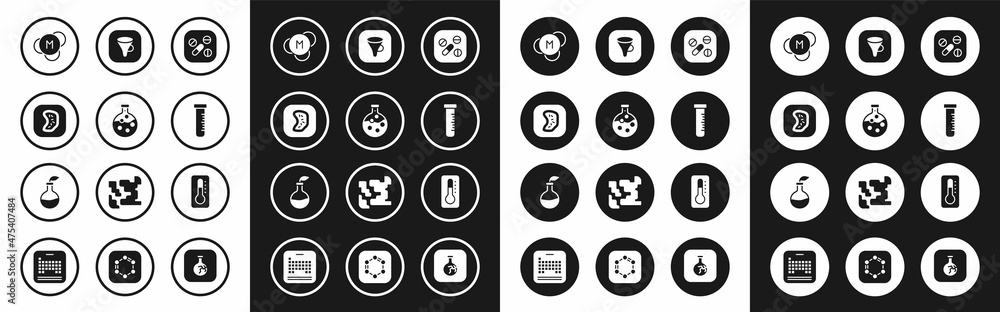 Set Medicine pill or tablet, Test tube and flask, Bacteria, Molecule, Funnel filter, Medical thermometer and Plant breeding icon. Vector Set Medicine pill or tablet, Test tube and flask, Bacteria, Molecule, Funnel filter, Medical thermometer and Plant breeding icon. Vector