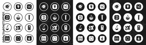 Set Medicine pill or tablet, Test tube and flask, Bacteria, Molecule, Funnel filter, Medical thermometer and Plant breeding icon. Vector