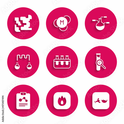 Set Test tube and flask, Fire flame, Broken, Chemistry report, and Gaseous icon. Vector