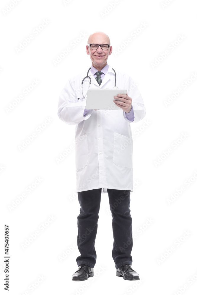 smiling doctor with a digital tablet. isolated on a white smiling doctor with a digital tablet. isolated on a white