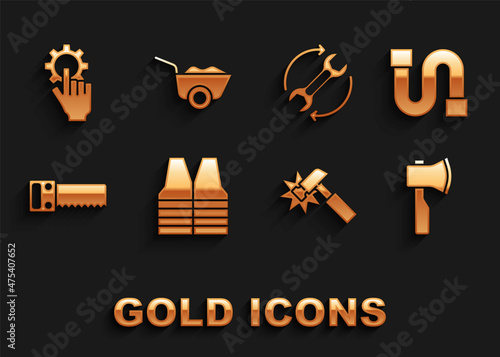 Set Safety vest, Industry pipe, Wooden axe, Hammer, Hand saw, Wrench arrows as workflow, Settings in the hand and Wheelbarrow icon. Vector