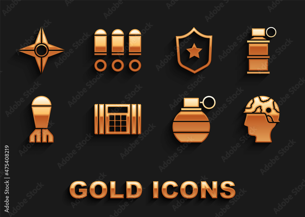 Set Dynamite bomb, Hand smoke grenade, Army soldier, Aviation, Military reward medal, Japanese ninja shuriken and Bullet icon. Vector Set Dynamite bomb, Hand smoke grenade, Army soldier, Aviation, Military reward medal, Japanese ninja shuriken and Bullet icon. Vector