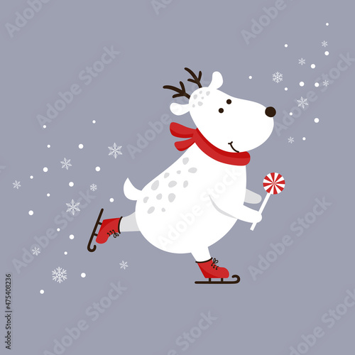 Cute deer in cartoony style with candy. Funny reindeer ice skating. Vector character in flat style for kids. Greeting card design.