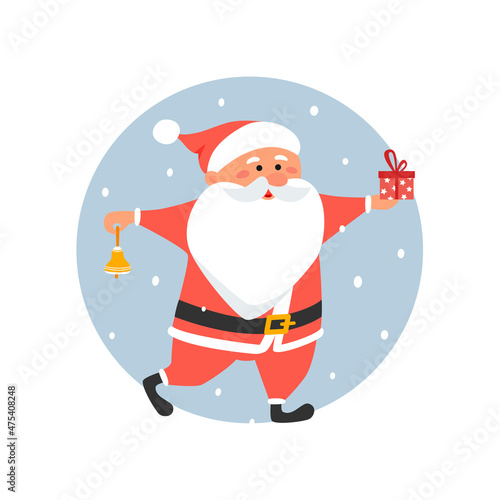 Funny Santa Claus holding a gift and a bell. A cute cartoon character hurries up. Christmas concept art illustration. Good for postcard, invitation, banner, poster, greeting, tag, label.  