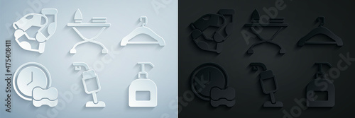 Set Vacuum cleaner, Hanger wardrobe, Washing dishes, Bottle of liquid soap, Iron and ironing board and Socks icon. Vector