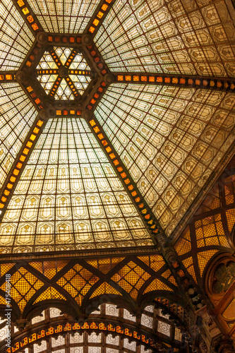 Stained glass ceiling inside Ferenciek Tere (Square of the Franciscans), an important public transport junction for the bus line and for the Budapest Metro. Budapest, Capital of Hungary, Europe