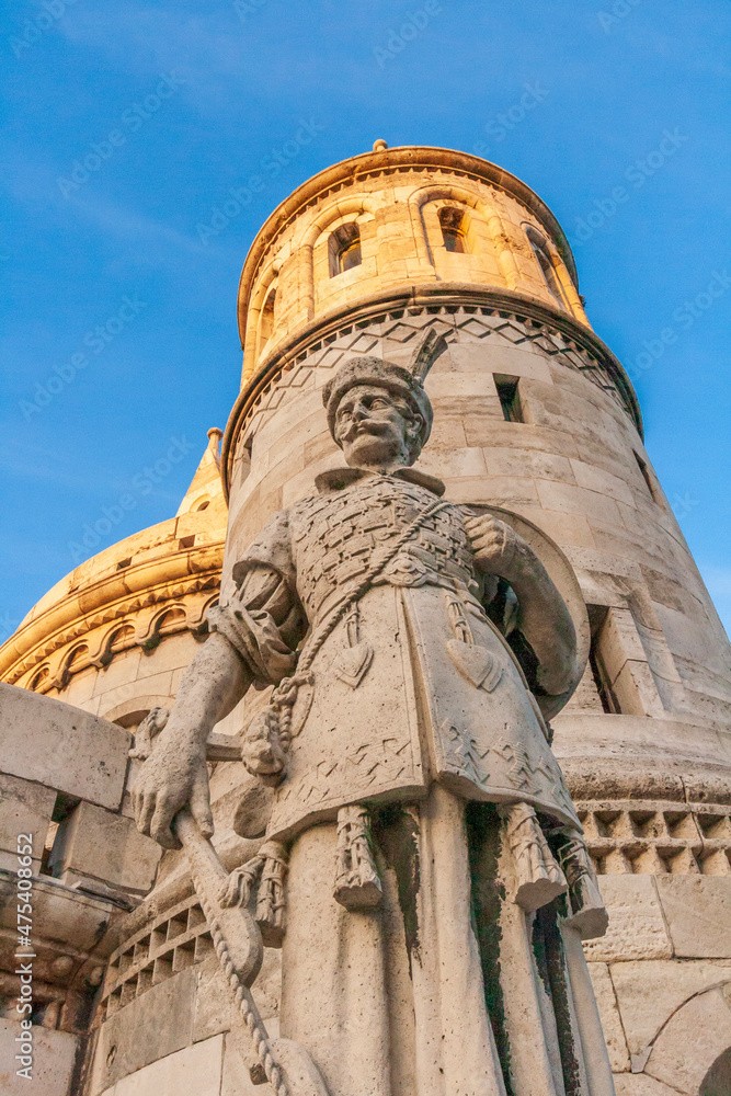 Hungary, Budapest. Fisherman's Bastion and statue of Janos Hunyadi.