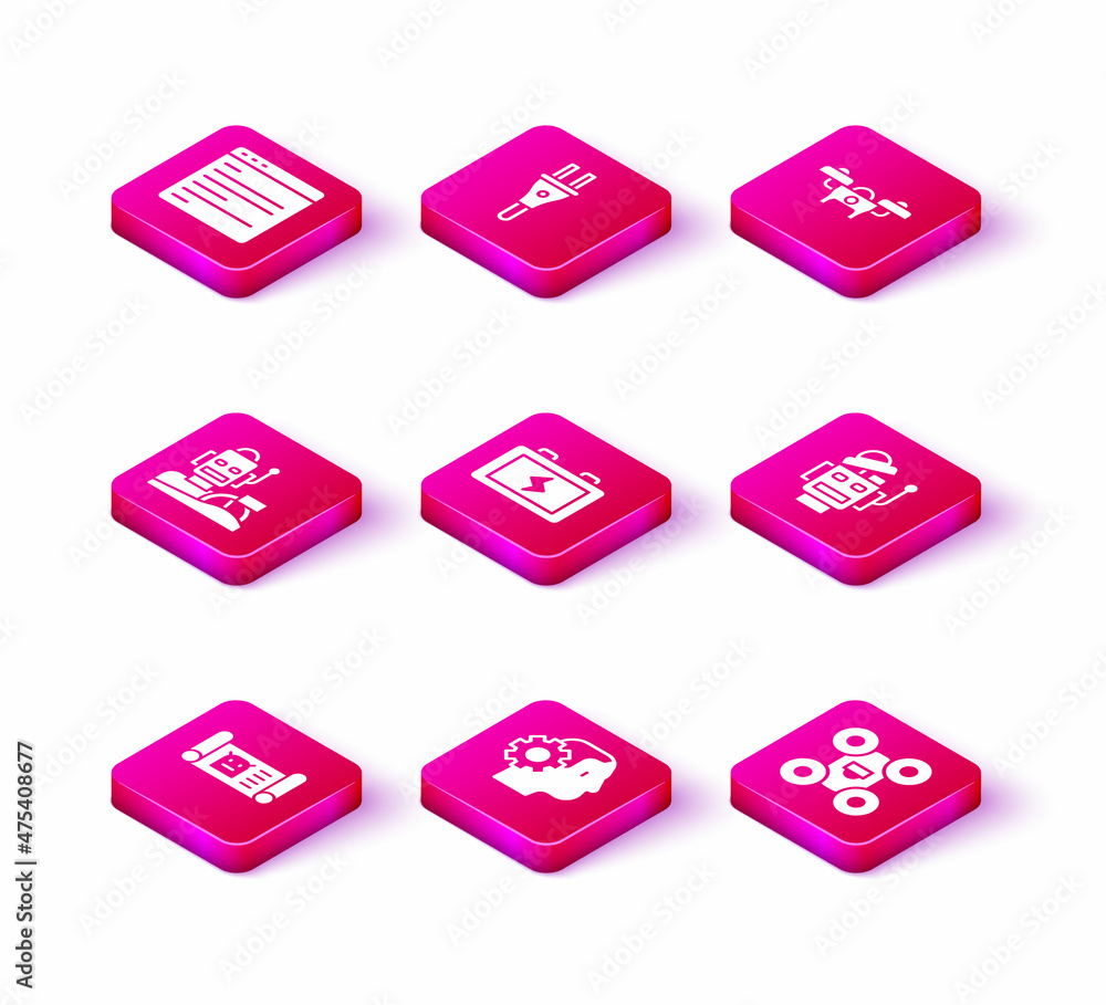 Set Robot blueprint, Humanoid robot, humanoid driving car, Battery, Drone, and Electric plug icon. Vector Set Robot blueprint, Humanoid robot, humanoid driving car, Battery, Drone, and Electric plug icon. Vector