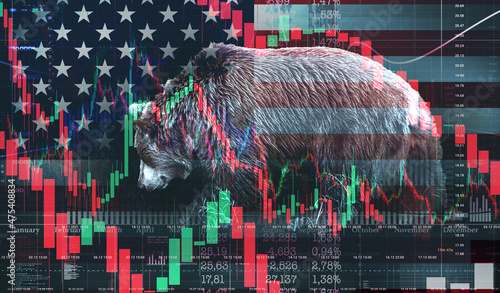Bear market on the American stock exchange. Downward trend charts on the investment platform. Double exposure of the bear and candles on the chart.