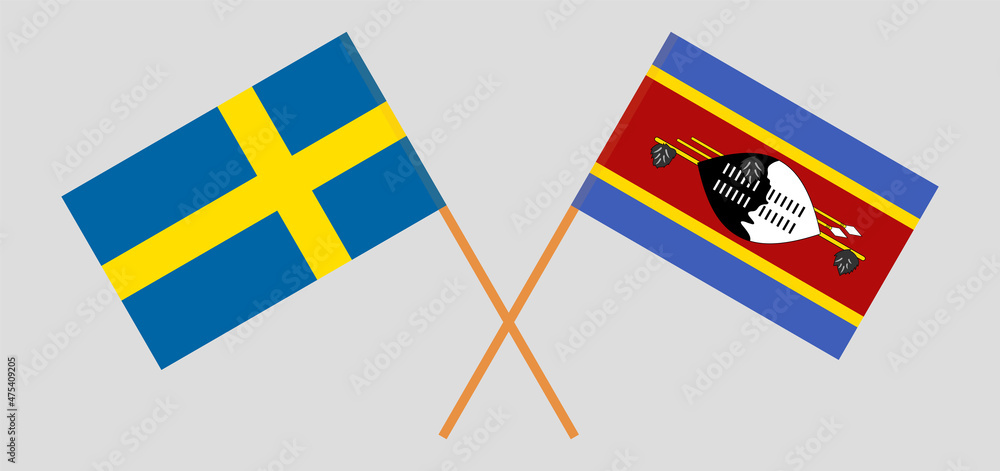 Crossed flags of Sweden and Eswatini. Official colors. Correct proportion