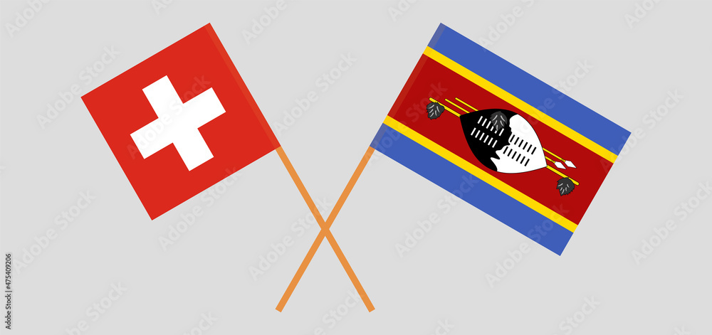 Crossed flags of Switzerland and Eswatini. Official colors. Correct proportion