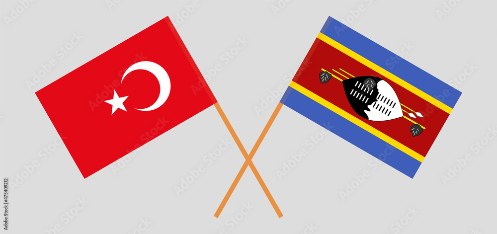 Crossed flags of Turkey and Eswatini. Official colors. Correct proportion Crossed flags of Turkey and Eswatini. Official colors. Correct proportion