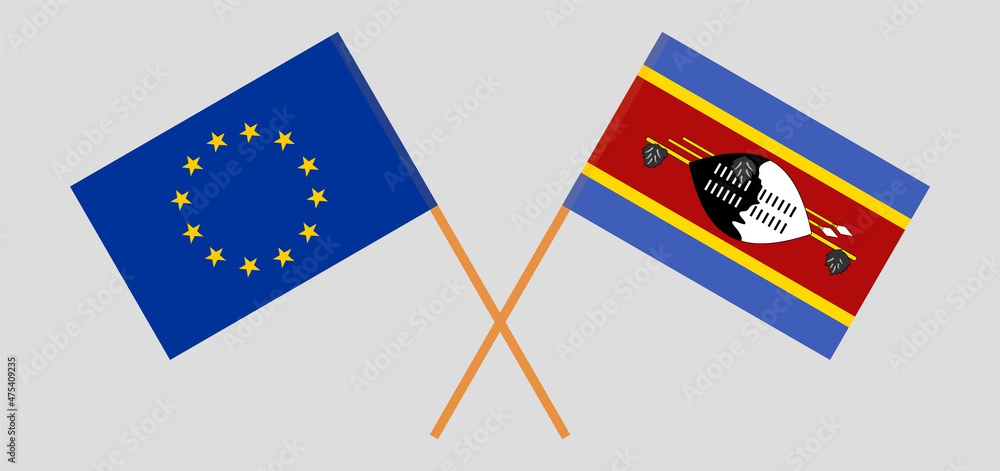 Crossed flags of the European Union and Eswatini. Official colors. Correct proportion Crossed flags of the European Union and Eswatini. Official colors. Correct proportion
