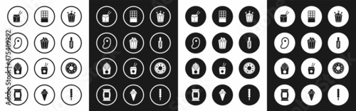Set Chicken leg in package box, Popcorn, Steak meat, Asian noodles and chopsticks, Hotdog sandwich, Chocolate bar, Donut and Potatoes french fries icon. Vector