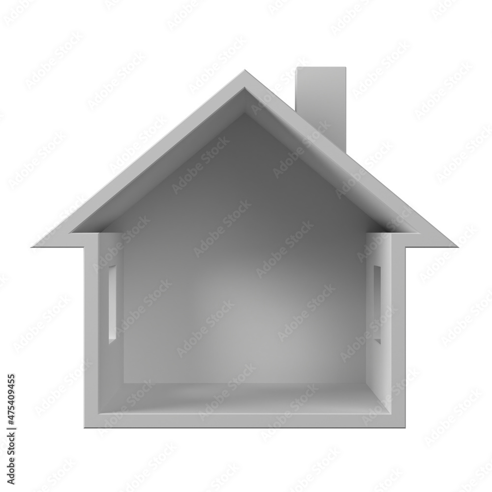 White small empty house in cross section. Real estate concept or symbol - simple 3d house isolated on white background. 3d illustration White small empty house in cross section. Real estate concept or symbol - simple 3d house isolated on white background. 3d illustration