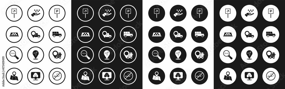 Set Parking, Location with taxi, Taxi car roof, Airport, Car, Hand, bus and Magnifying glass icon. Vector Set Parking, Location with taxi, Taxi car roof, Airport, Car, Hand, bus and Magnifying glass icon. Vector