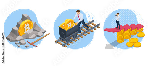 Isometric Bitcoin Crypto Currency Mining Farm. Server Room, Bitcoin Mining, Supercomputing. Cryptocurrency, Blockchain